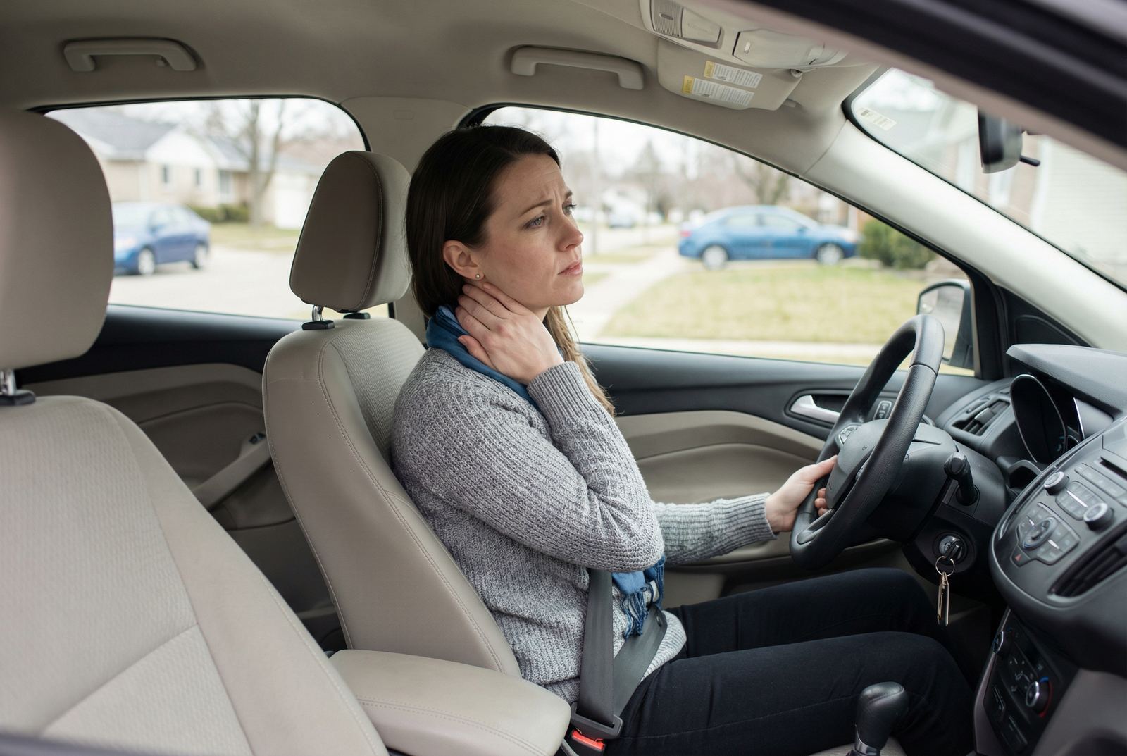 Woman holding her neck after a car accident