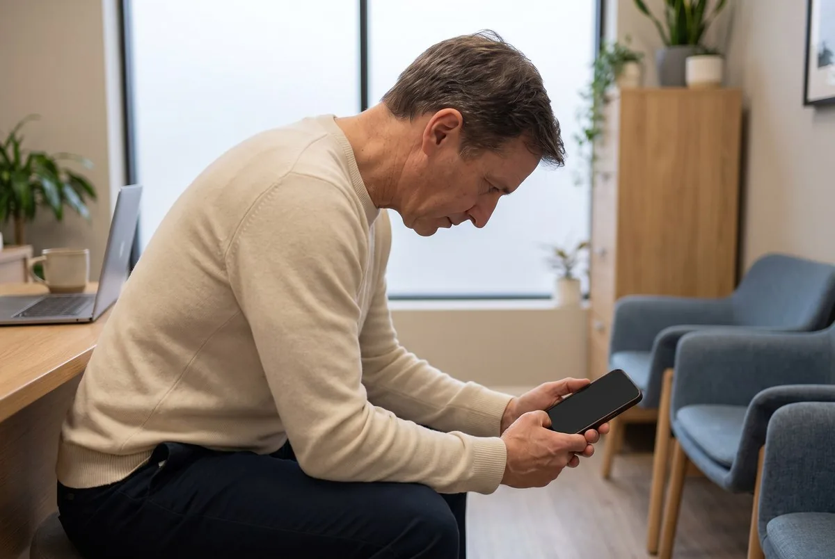 Person hunched over a phone at a desk showing forward head posture