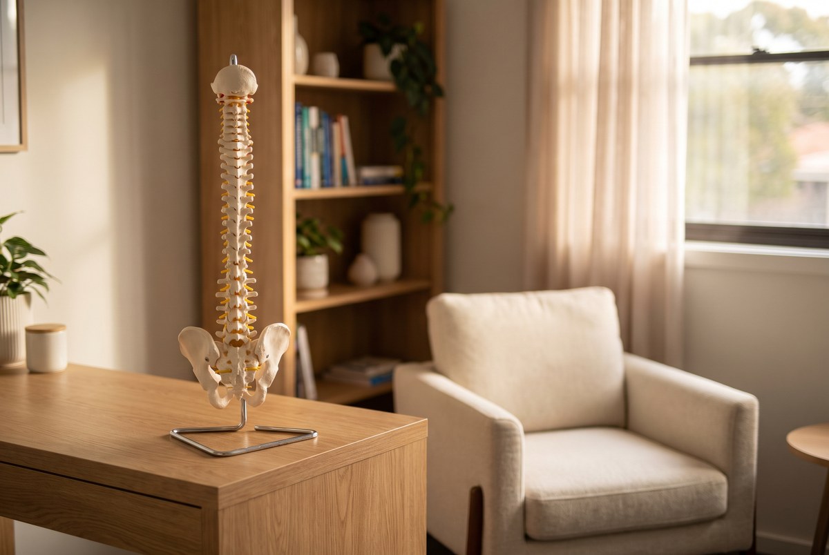 Spine model in a chiropractic consultation room in Midvale, Utah