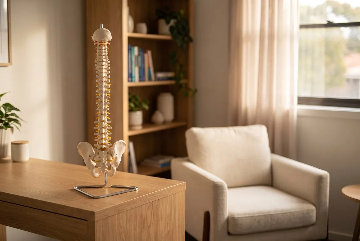 Spine model in a chiropractic consultation room in Midvale, Utah