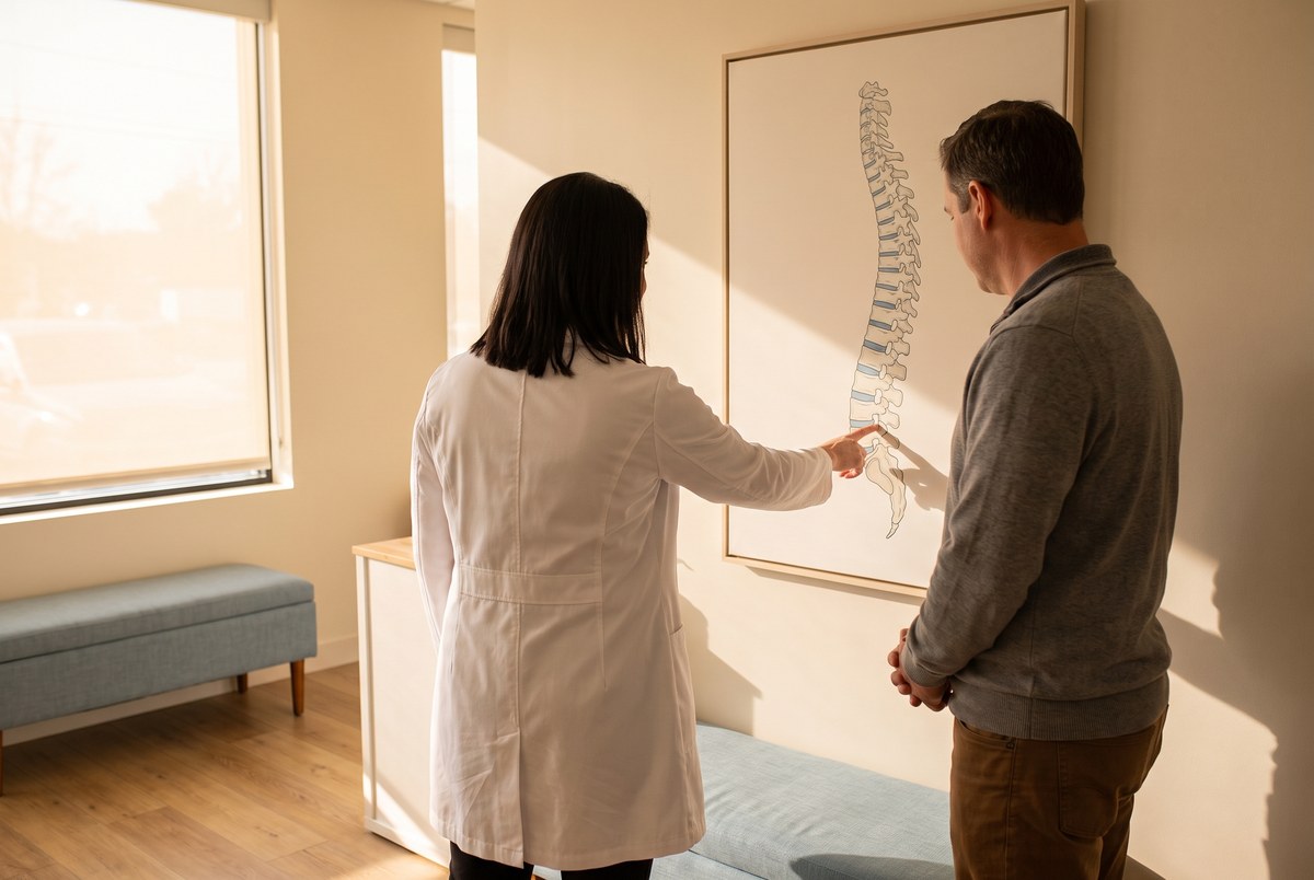 Chiropractor reviewing a spine chart with a patient in South Salt Lake, Utah