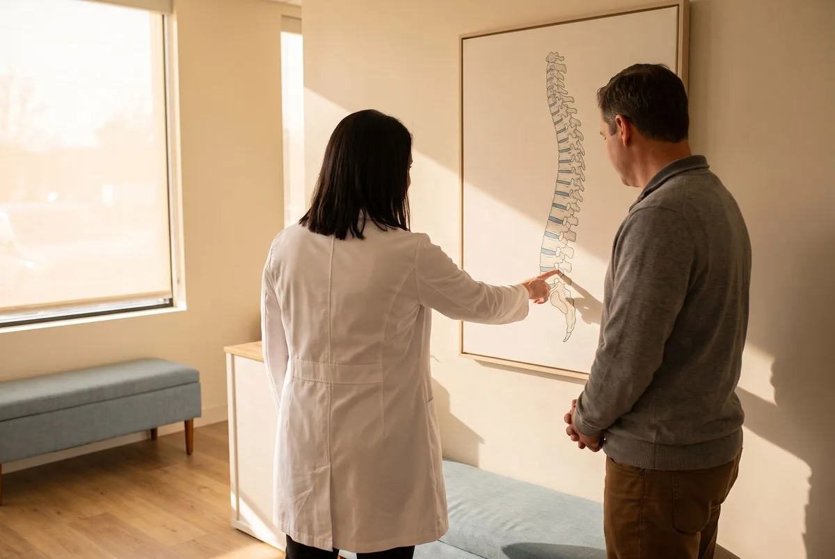 Chiropractor reviewing a spine chart with a patient in South Salt Lake, Utah